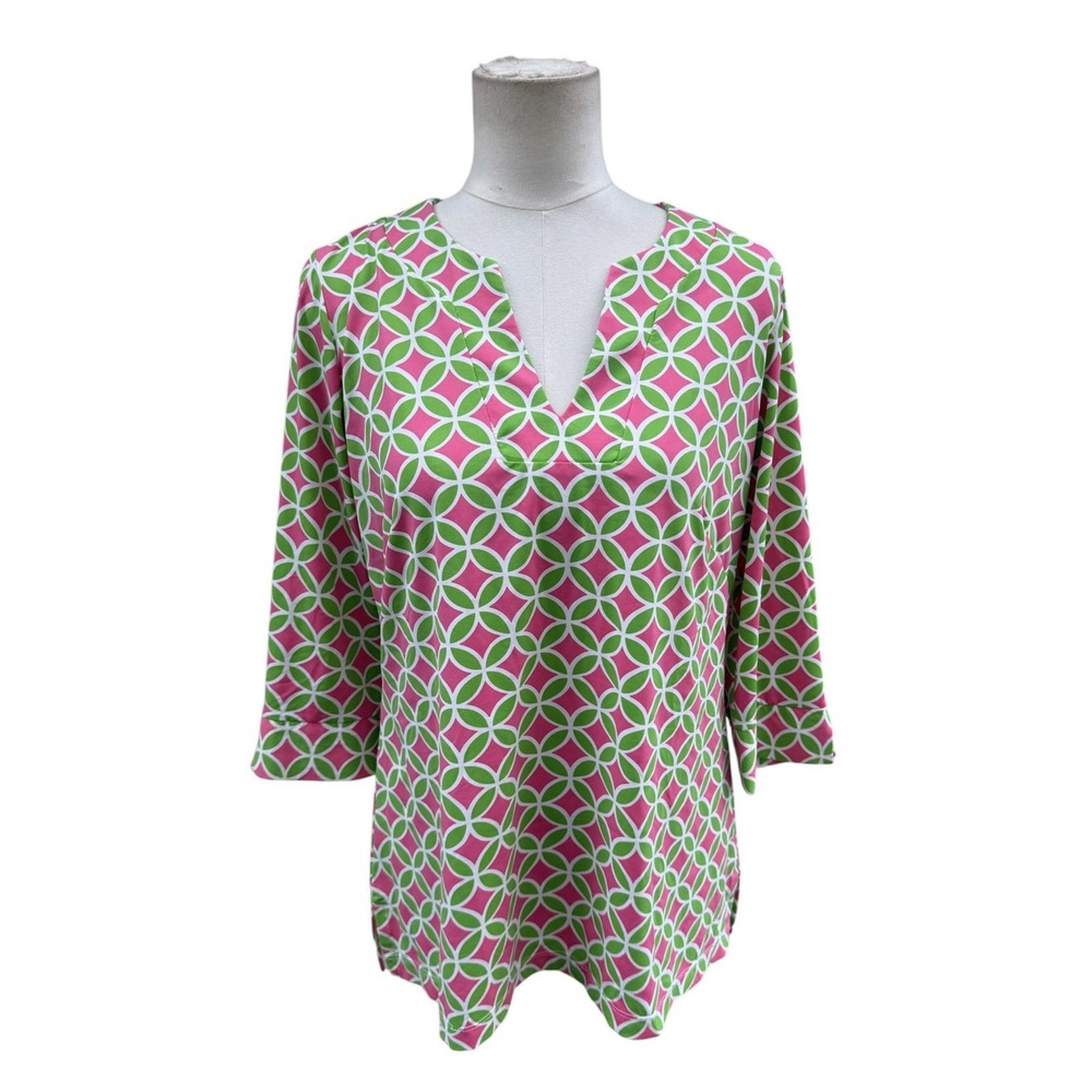 Katherine Way Pink Green Geometric Travel Golf Top L USA